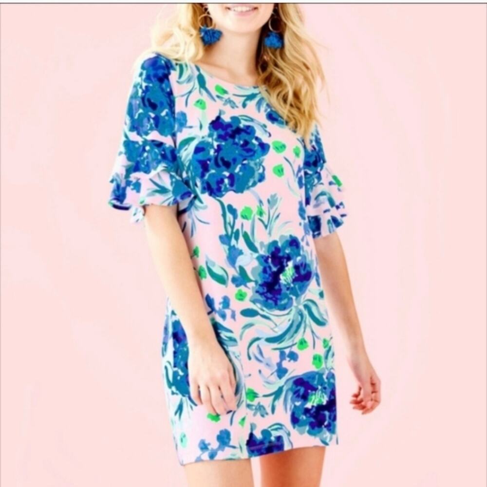 Lilly Pulitzer Luna Dress Size Medium Pink Tropics Sweet Pea Ruffle Sleeve
